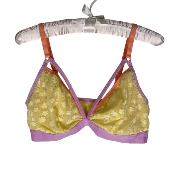 Colsie Size Large Lemon Yellow Pink Mesh Panels Adjustable Strap Bralette Bra - Picture 1 of 7